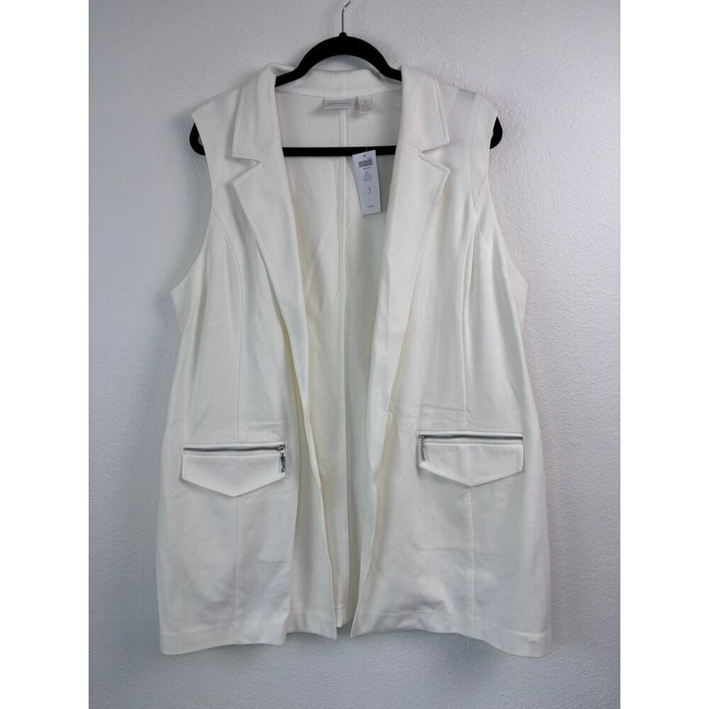 Chico's women's 3 or XL ivory sleeveless collared‎ open front vest jacket NWT